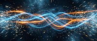 Abstract digital wave with glowing blue and orange light trails flowing through dark space, representing data flow, energy, technology, and innovation for digital design projects.