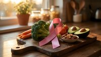 Pink ribbon symbol with fresh vegetables and nuts on wooden cutting board in warm kitchen setting promoting breast cancer awareness and healthy nutrition.