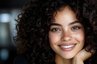 Young mixed race woman with natural curly dark hair and freckles smiling genuinely at camera, showing white teeth against dark background. Professional portrait.