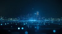 Futuristic night cityscape with glowing blue lights reflected in water, illuminated skyscrapers against dark sky create atmospheric urban scene with bokeh effect.