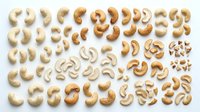 Raw cashew nuts arranged in organized rows on white background, healthy snacking and cooking ingredient for recipes and meal preparation.