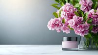 Pink carnations in glass vase with cosmetic cream jar on marble table against gray wall, fresh flowers for beauty product presentation and spa concept.