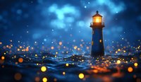 Illuminated lighthouse beacon glowing in dark stormy night with magical bokeh lights dancing on ocean waves, creating mystical maritime atmosphere.