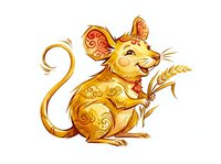 Golden mouse holding wheat grain with ornamental patterns on white background, isolated clipart for design, t-shirt printing, and decorative projects.
