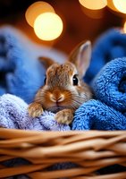 Adorable brown bunny nestled in soft blue blankets with warm bokeh lights in background, creating cozy winter holiday atmosphere in woven basket.