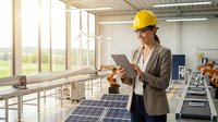 Female engineer in yellow hard hat reviewing renewable energy project on laptop in modern facility with solar panels and wind turbines visible through windows, sustainable technology workplace.