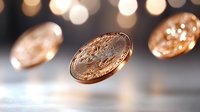 Floating golden cryptocurrency coins with bokeh light effect on dark background, macro shot showing detailed texture and reflective surface.