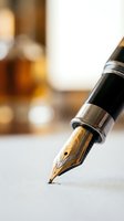 Elegant fountain pen with golden nib on white paper in warm office setting for professional writing and business correspondence.