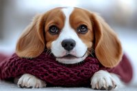 Adorable Cavalier King Charles Spaniel puppy with expressive blue eyes resting head on burgundy knitted scarf, close-up portrait showing sweet expression and soft fur.