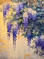 Cascading purple wisteria flowers with green leaves on golden background, dreamy spring garden scene with hanging blooms and soft light effects.