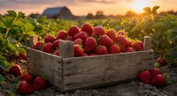 Fresh ripe strawberries in wooden crate at sunset farm field with barn background for organic agriculture and healthy food concepts.