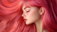 Young Asian woman with flowing pink hair in profile view against neutral background, eyes closed with serene expression, showing soft glowing skin and natural makeup.