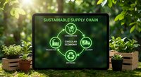 Laptop displaying sustainable supply chain circular economy diagram with recycling symbols surrounded by green plants in natural outdoor setting.
