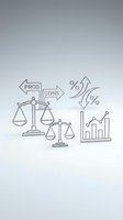Business decision making concept with scales of justice weighing pros and cons, percentage symbols and growth charts on neutral background.