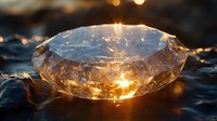 Transparent amber crystal or glass sphere glowing with warm golden light on dark surface, suitable for fantasy, magic, and mystical design projects.