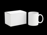 Blank white ceramic mug with matching box, isolated on transparent background. Ready for sublimation, print-on-demand, t-shirt design, and custom branding projects.
