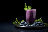 Purple blueberry smoothie in glass with fresh berries and mint leaves on dark wooden plate against black background for healthy nutrition concepts.