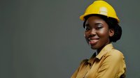 Young African American female construction worker or engineer wearing yellow hard hat and mustard jacket smiling confidently against gray background.