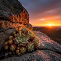 Succulent plants growing on rocky mountain cliff during golden hour sunrise with dramatic orange sky and sun rays creating warm natural landscape scene.