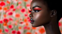 Young African woman with artistic red eyeshadow makeup and glossy lips against blurred red poppies background, side profile portrait showcasing beauty and fashion makeup artistry.