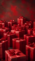 Elegant red gift boxes with satin bows arranged on dark background, perfect for luxury holiday marketing, Valentine's Day promotions or premium retail advertising campaigns.