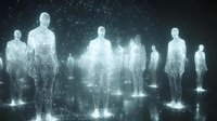 Glowing translucent human figures standing in darkness, creating ethereal light effect. Spiritual or technological concept showing interconnected consciousness and energy.
