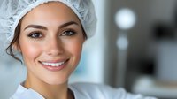 Young female medical professional wearing protective cap smiling warmly at camera in healthcare setting, displaying confidence and approachability in clinical environment.