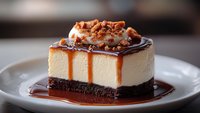 Decadent cheesecake slice with chocolate cookie crust, topped with caramel sauce, chocolate drizzle and crushed pecans served on white plate. Perfect for dessert menus.