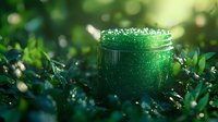 Magical green glitter jar nestled in lush foliage with sparkling bokeh lights and dewdrops, creating an enchanting forest atmosphere for fantasy designs.