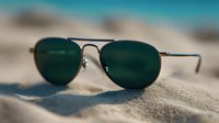 Classic aviator sunglasses with dark green lenses on sandy beach with blurred turquoise ocean background, perfect for summer vacation concepts.