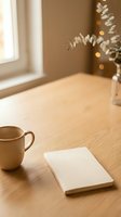 Cozy workspace with coffee mug and notebook on wooden table near window with warm natural light and dried flowers in background for productivity and relaxation.