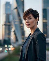 Professional businesswoman with short brown hair in dark suit jacket standing confidently against blurred urban cityscape background with bokeh lights.