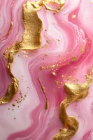 Pink and gold marble texture with flowing liquid effect and metallic foil accents creates luxurious abstract background for elegant design projects.