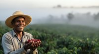Male farmer of South Asian descent wearing straw hat holding fresh produce in agricultural field at harvest time for farming, agriculture, and rural lifestyle content.