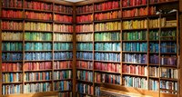 Colorful rainbow library with thousands of books organized by color on wooden shelves creating stunning gradient effect for interior design projects.