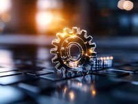 Metallic gear wheel on computer keyboard with glowing golden backlight effect creating futuristic technology concept for automation and digital transformation.