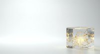 Isolated glass cube with golden geometric light pattern on white background, ready for design projects and digital compositing.
