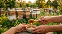 Beekeeper holding honeycomb frame with fresh honey over wooden beehives in apiary garden, sustainable agriculture and natural food production.