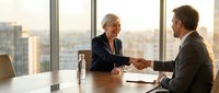 Professional mature blonde businesswoman shaking hands with male colleague in modern office meeting room during successful negotiation or partnership agreement.