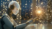 Futuristic robotic figure with glowing particles emanating from metallic hand against bokeh light background, representing artificial intelligence and future technology.