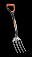 Garden fork with orange D-grip handle, wood accent, and steel tines, isolated on transparent background. Ready for clipart, stickers, t-shirt design, and print on demand.