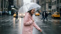 Young woman wearing pink jacket and holding transparent umbrella walking on wet city street during rainy day with yellow taxis and pedestrians in background.