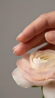 Gentle female hand delicately touching soft pink ranunculus flower petals against neutral background for skincare and beauty concepts.