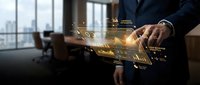 Businessman in dark suit holding glowing digital financial chart with upward trend lines and data analytics in modern office with city skyline view.