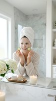 Smiling woman in bathrobe and towel holding cucumber slices for natural skincare routine in luxury marble bathroom with candles and flowers.