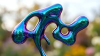 Iridescent holographic liquid metal abstract shape with flowing curves and organic holes, isolated on blurred garden background, suitable for modern design projects.