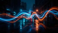 Neon light trails wave across wet urban street at night, creating dynamic blue and orange glowing curves over dark city buildings and reflective pavement for modern design projects.