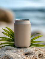 Beige aluminum beverage can on sandy beach rock with tropical palm leaves against blurred ocean waves background for summer drink packaging mockup.