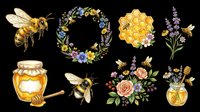 Honey bee, honeycomb, and lavender flower collection isolated on transparent background, ready for t-shirt design, stickers, clipart, sublimation, and print-on-demand products.