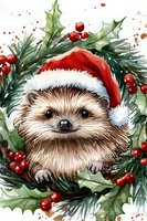 Adorable hedgehog wearing Santa hat surrounded by festive holly berries and pine branches for Christmas holiday greeting cards and seasonal decorations.